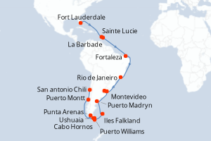 Carte itinéraire croisière Gran Aventura Brasileña y Cabo de Hornos - 33 jours au départ de Fort Lauderdale - Amérique du Sud