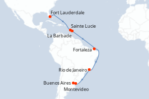 Carte de l'itinéraire de croisière Fort Lauderdale-Buenos Aires d'une durée de 18 jours