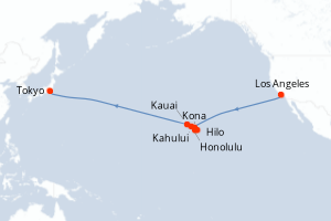 Carte de l'itinéraire de croisière Los Angeles-Tokyo d'une durée de 20 jours