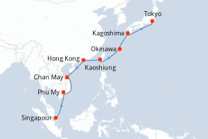 Carte de l'itinéraire de croisière Tokyo-Singapour d'une durée de 14 jours