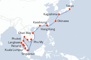 Carte de l'itinéraire de croisière Tokyo-Singapour d'une durée de 28 jours