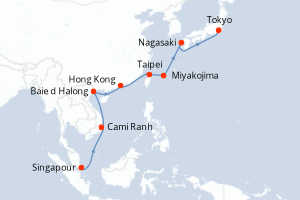 Carte de l'itinéraire de croisière Singapour-Tokyo d'une durée de 14 jours