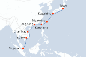 Carte de l'itinéraire de croisière Tokyo-Singapour d'une durée de 14 jours