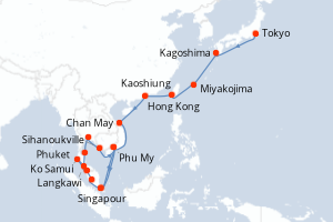 Carte de l'itinéraire de croisière Tokyo-Singapour d'une durée de 28 jours