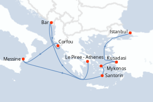 Carte itinéraire croisière Suspiros del Mediterráneo - 10 jours au départ de Le Piree - Athenes - Méditerranée