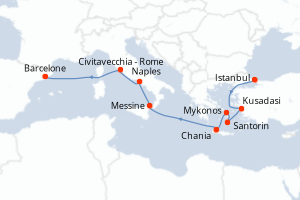 Carte de l'itinéraire de croisière Istanbul-Barcelone d'une durée de 11 jours