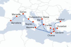 Carte de l'itinéraire de croisière Barcelone-Istanbul d'une durée de 20 jours