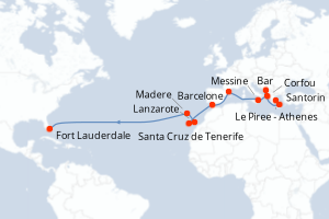 Carte de l'itinéraire de croisière Le Piree - Athenes-Fort Lauderdale d'une durée de 21 jours