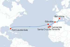 Carte de l'itinéraire de croisière Barcelone-Fort Lauderdale d'une durée de 14 jours