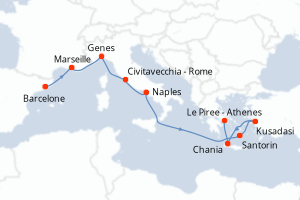 Carte de l'itinéraire de croisière Barcelone-Le Piree - Athenes d'une durée de 9 jours