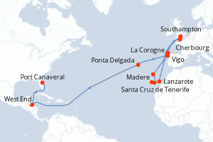 Carte de l'itinéraire de croisière Southampton-Port Canaveral d'une durée de 28 jours