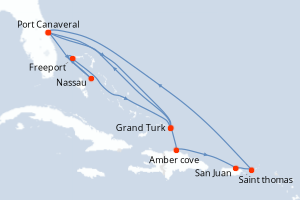 Carte de l'itinéraire de croisière Port Canaveral-Port Canaveral d'une durée de 14 jours