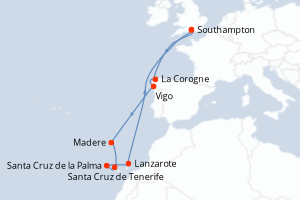 Carte de l'itinéraire de croisière Southampton-Southampton d'une durée de 12 jours