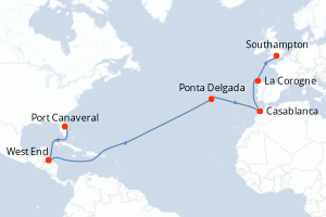 Carte de l'itinéraire de croisière Port Canaveral-Southampton d'une durée de 15 jours