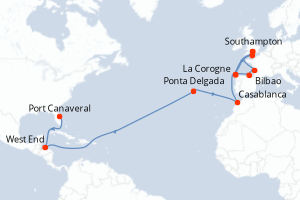 Carte de l'itinéraire de croisière Port Canaveral-Southampton d'une durée de 22 jours