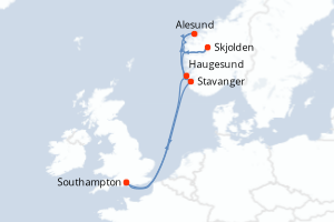 Carte de l'itinéraire de croisière Southampton-Southampton d'une durée de 7 jours