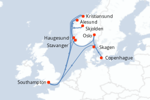 Carte de l'itinéraire de croisière Southampton-Southampton d'une durée de 14 jours
