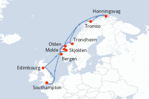 Carte de l'itinéraire de croisière Southampton-Southampton d'une durée de 14 jours