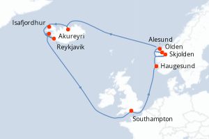 Carte de l'itinéraire de croisière Southampton-Southampton d'une durée de 14 jours