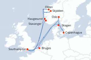 Carte itinéraire croisière Ruta de los Mares del Norte - 14 jours au départ de Southampton - Europe du Nord