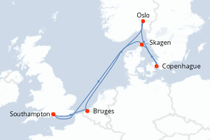 Carte de l'itinéraire de croisière Southampton-Southampton d'une durée de 7 jours