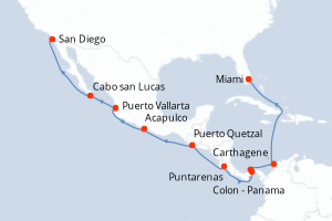 Carte de l'itinéraire de croisière Miami-San Diego d'une durée de 16 jours