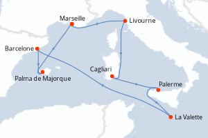 Carte itinéraire croisière France, Italie, Malte, Espagne - 8 jours au départ de Marseille - Méditerranée