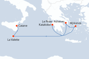 Carte de l'itinéraire de croisière Tarente-Catane d'une durée de 6 jours