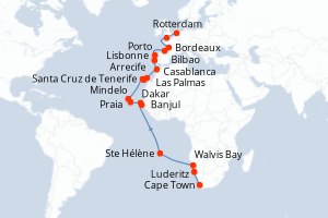 Carte de l'itinéraire de croisière Cape Town-Rotterdam d'une durée de 35 jours
