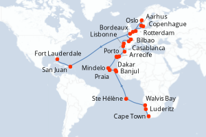 Carte de l'itinéraire de croisière Cape Town-Fort Lauderdale d'une durée de 54 jours