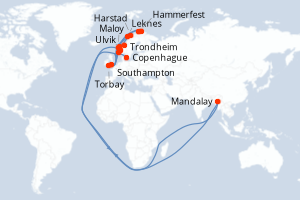 Carte de l'itinéraire de croisière Copenhague-Southampton d'une durée de 18 jours