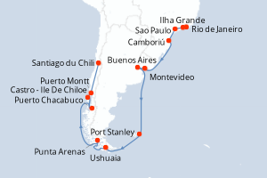 Carte de l'itinéraire de croisière Rio de Janeiro-Santiago du Chili d'une durée de 24 jours