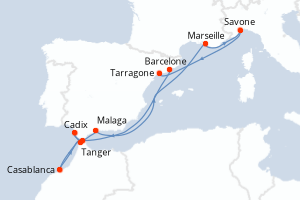 Carte de l'itinéraire de croisière Barcelone-Tarragone d'une durée de 11 jours