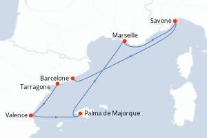 Carte de l'itinéraire de croisière Tarragone-Barcelone d'une durée de 5 jours