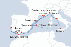 Carte de l'itinéraire de croisière Toulon La seyne sur mer-Marseille d'une durée de 15 jours