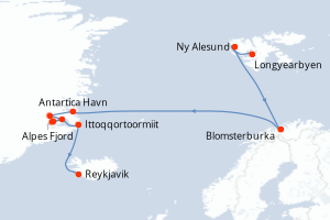 Carte de l'itinéraire de croisière Longyearbyen-Reykjavik d'une durée de 14 jours