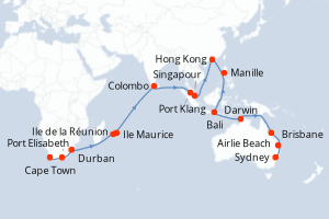 Carte de l'itinéraire de croisière Cape Town-Sydney d'une durée de 45 jours