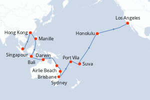 Carte itinéraire croisière Singapour, Chine, Philippines, Indonésie, Australie, Vanuatu, Fidji (Îles), France, États-Unis - 43 jours au départ de Singapour - Amérique du Nord