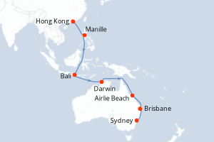 Carte de l'itinéraire de croisière Hong Kong-Sydney d'une durée de 18 jours