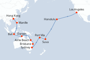 Carte de l'itinéraire de croisière Hong Kong-Los Angeles d'une durée de 38 jours