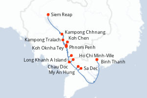 Carte de l'itinéraire de croisière Ho Chi Minh-Ville-Siem Reap d'une durée de 7 jours