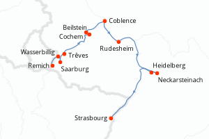 Carte de l'itinéraire de croisière Remich-Strasbourg d'une durée de 6 jours