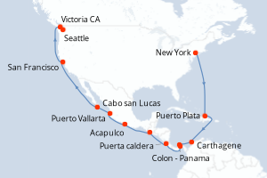 Carte de l'itinéraire de croisière New York-Seattle d'une durée de 22 jours