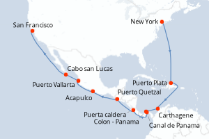 Carte de l'itinéraire de croisière New York-San Francisco d'une durée de 19 jours
