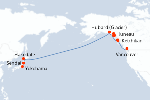 Carte de l'itinéraire de croisière Yokohama-Vancouver d'une durée de 16 jours