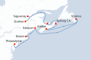 Carte de l'itinéraire de croisière Philadelphie-Quebec d'une durée de 11 jours