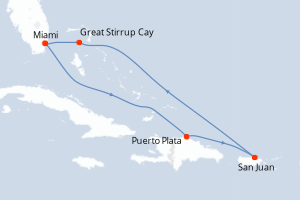 Carte de l'itinéraire de croisière Miami-Miami d'une durée de 6 jours