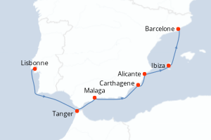 Carte de l'itinéraire de croisière Lisbonne-Barcelone d'une durée de 7 jours
