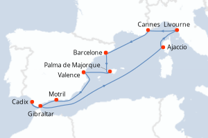Carte de l'itinéraire de croisière Barcelone-Barcelone d'une durée de 10 jours