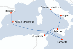 Carte de l'itinéraire de croisière Barcelone-Civitavecchia - Rome d'une durée de 7 jours